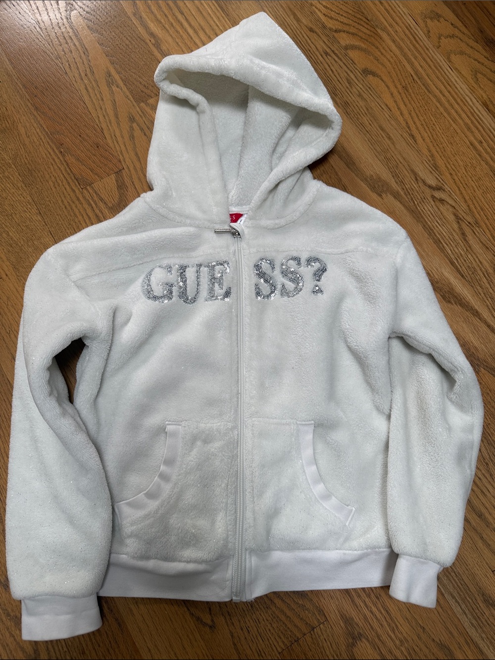 Guess White Sparkle Zip Hoodie for Kids